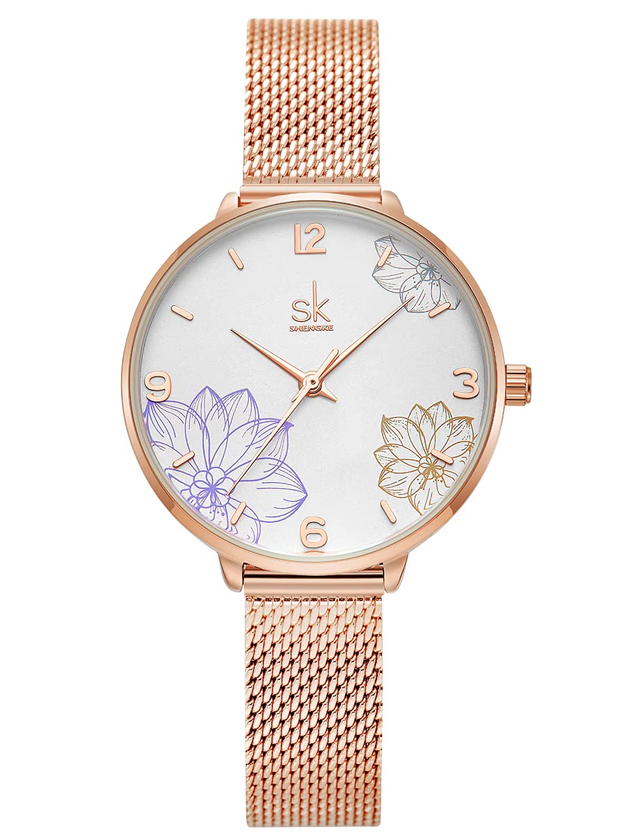 Alienwork Women's Watch Rose Gold Metal Mesh Strap White Elegant