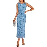 ZESICA Women's Summer Sleeveless Floral Bodycon Midi Dress 2026 Ruched Mesh Wrap Wedding Guest Cocktail Party Long Dresses