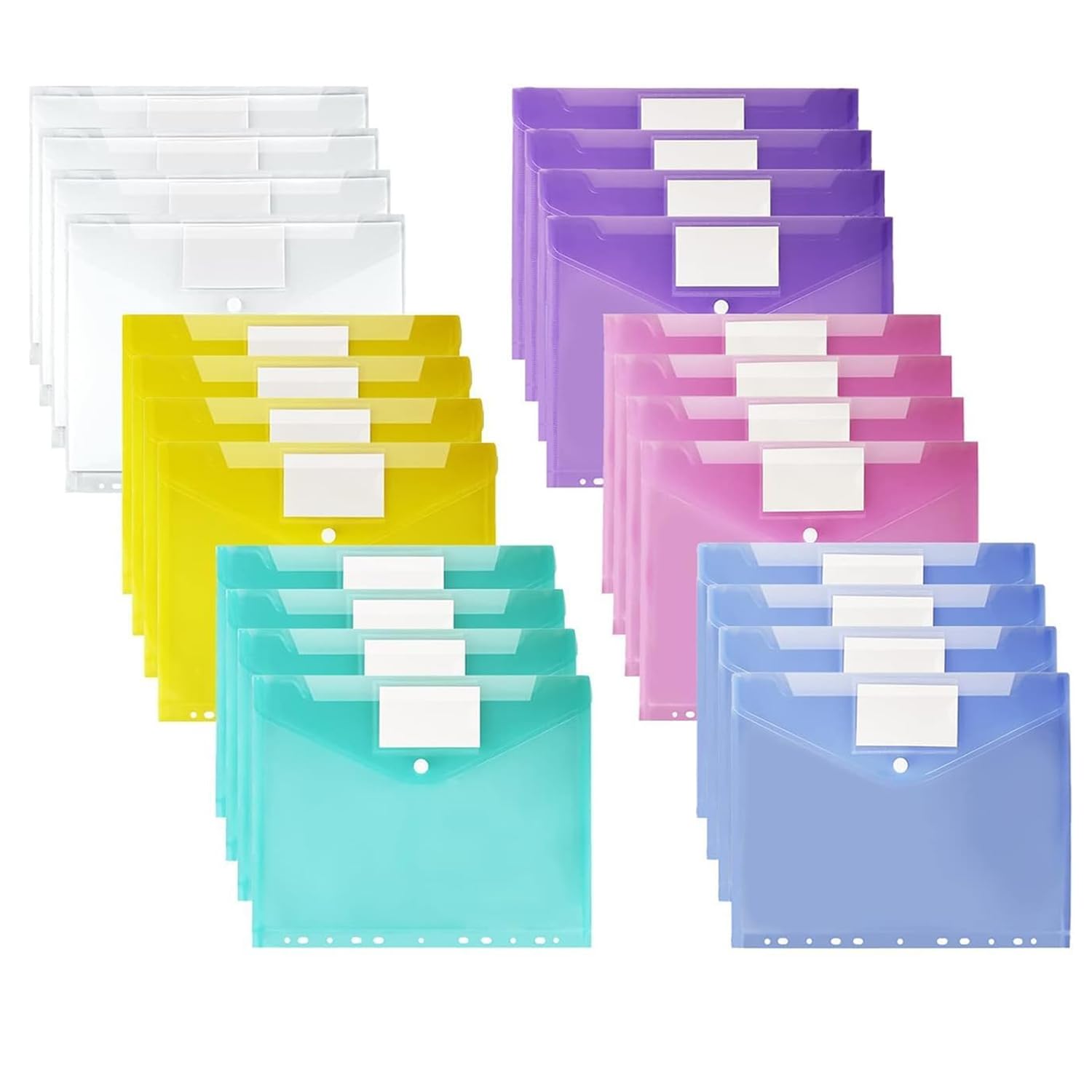 Plastic Wallets A4, Vakki 24 Pack Plastic Folders, Transparent Plastic Wallets, 6 Colours Document Wallets Files Popper Wallets with 11 Hole and Label Pocket for Home, Office, School