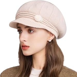 Tellrain Women Knit Newsboy Hat Crochet Flower Winter Beret Warm Beanie Cap | Soft Warm Knit, Vintage Crochet Flower, Newsboy