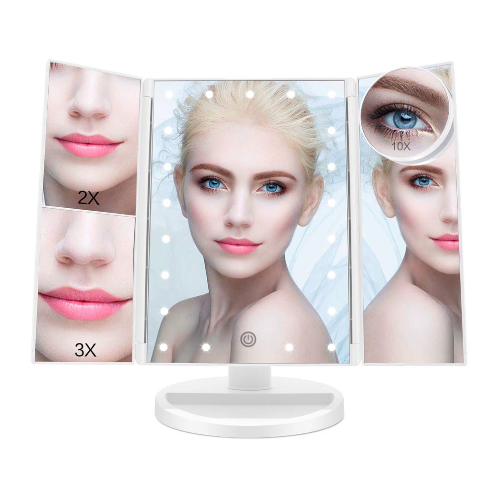 FASCINATE Lighted Makeup Mirror with 21 LED Lights Touch Screen Dimming, Tri-Fold 3X/2X/1X Magnification 180 Degree Rotation Vanity Mirror (White)