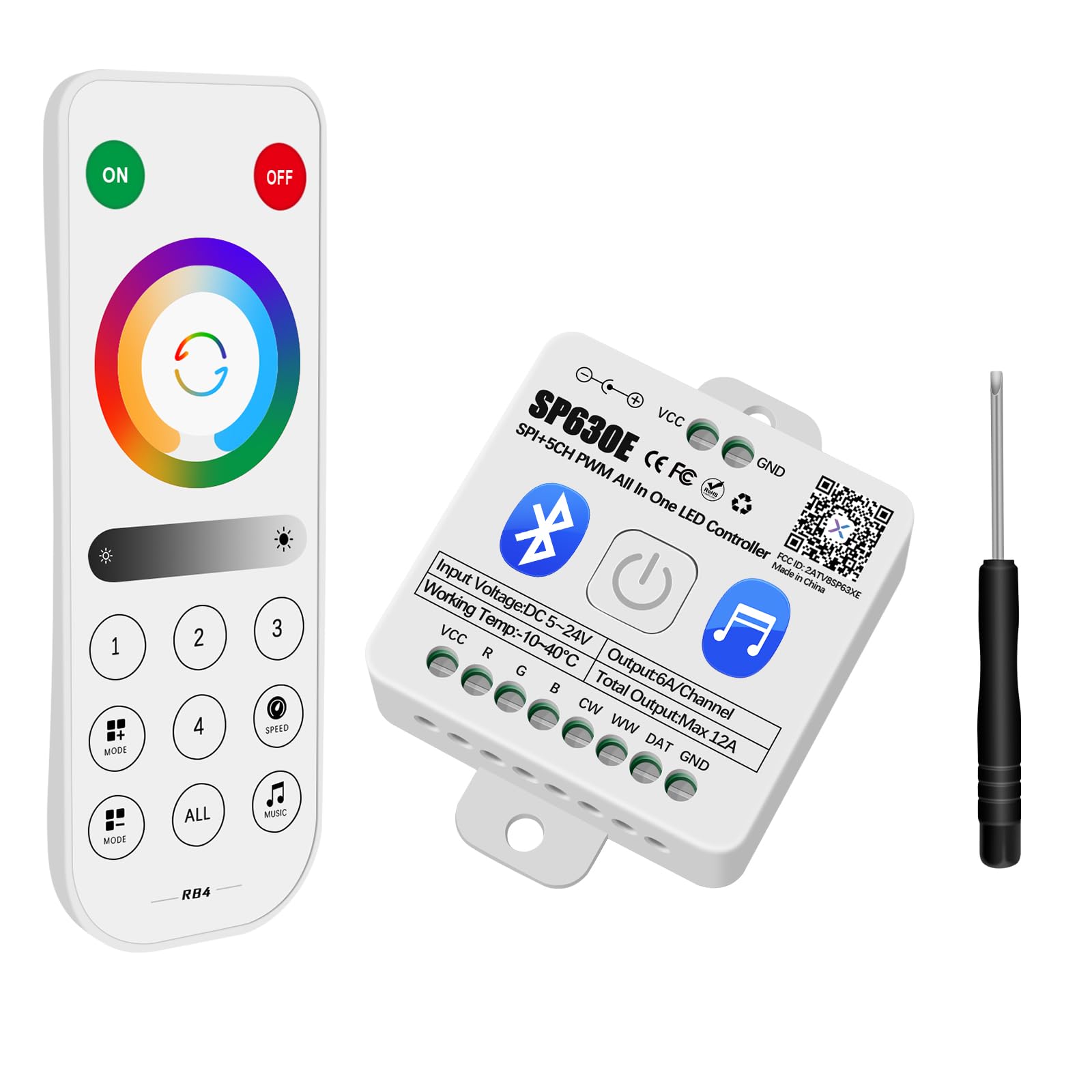 Aroidful SP630E RGBW Bluetooth Controller LED Controller Support SPI+5CH PWM with 2.4G Touch Remote Control Compatible with DC 5-24V WS2812B SK6812 WS2811 FCOB CCT RGB LED Strip Lights — image 1
