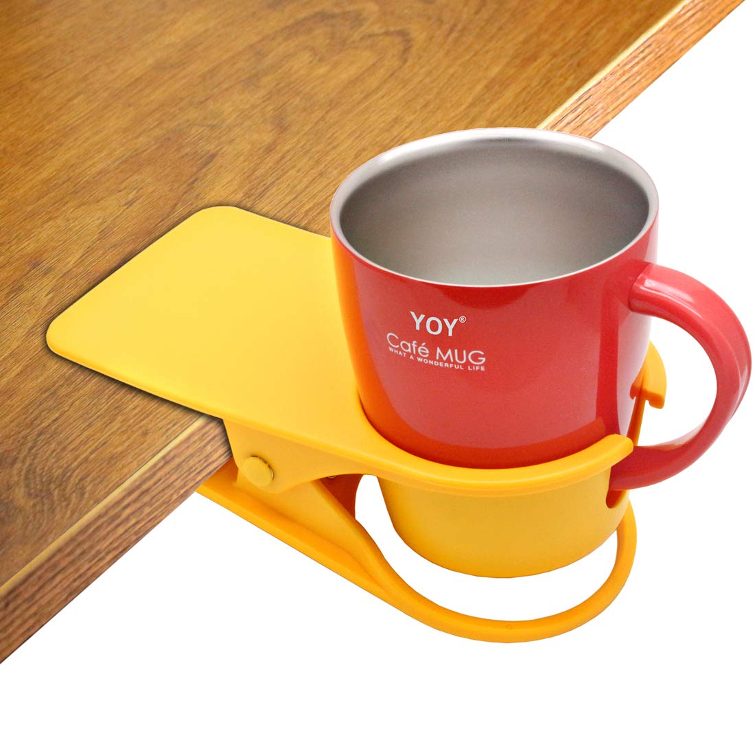 HOLLIHI Drink Cup Holder Clip - Table Desk Side Water Glass Beer Bottle Tumbler Beverage Soda Tea Coffee Mug Holder Cup Saucer Clip Design for Home Office, Yellow