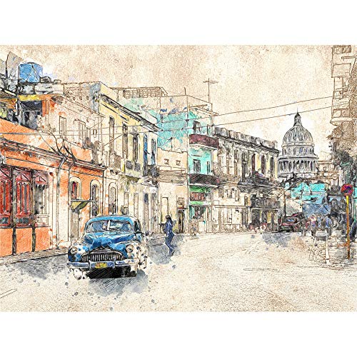 Havana Cuba Street Painting Sketch Canvas Wall Art Print
