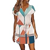 Womens Summer Casual Dresses Short Sleeve Striped Dress Boho Beach Vacation Tie Drawstring Waist Sun Dresses with Pockets