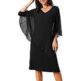 Seta T Women's Fall Dresses 3/4 Sleeve V Neck Chiffon Cape Overlay Knee Length Pencil Dress for Wedding Guest