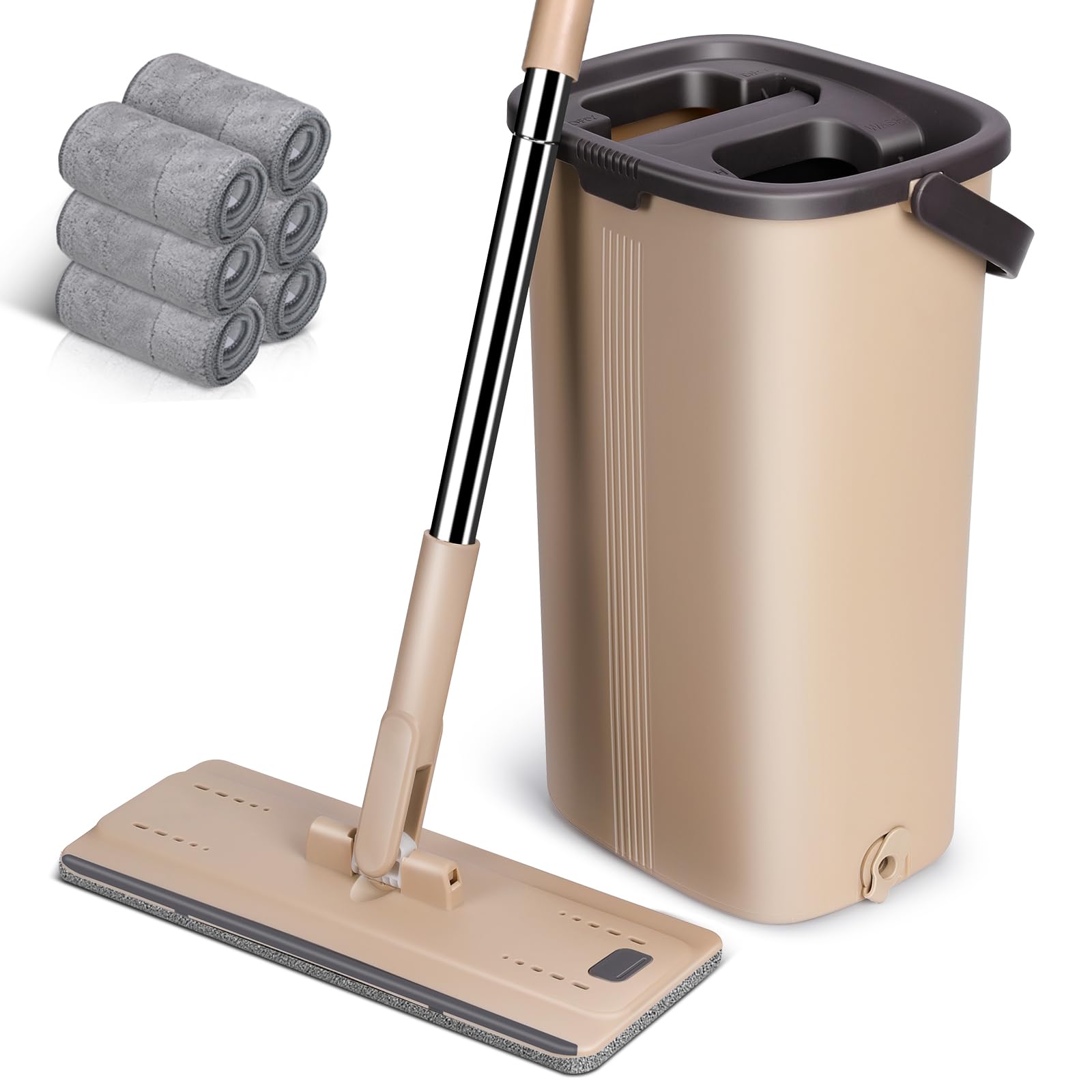 MASTERTOP Mop Set with Bucket, 2 in 1 Floor Mop with Adjustable Stainless Steel Handle and 6 Microfibre Mop Head, Hand-free Mop & Cleaning Bucket with Wringer Function for Hardwood Laminate Tiles