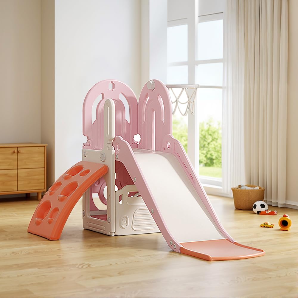 FUKEA Climbing Slide, 4 in 1 Toddler Slides with Climbing Frame, Storage Box, Basketball Hoop, Indoor Outdoor Garden Playground Climbing Theme Baby Slide for Toddlers Age 1-3
