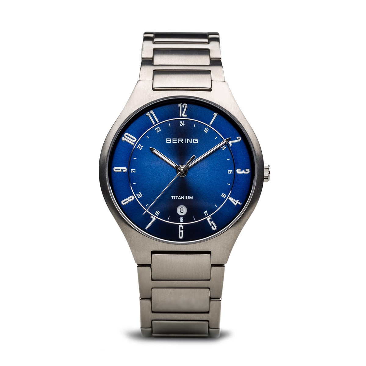 BERING Men Analog Quartz titanium collection Watch with Titan Strap and Sapphire Crystal 11739-707, Silver/Blue, 39