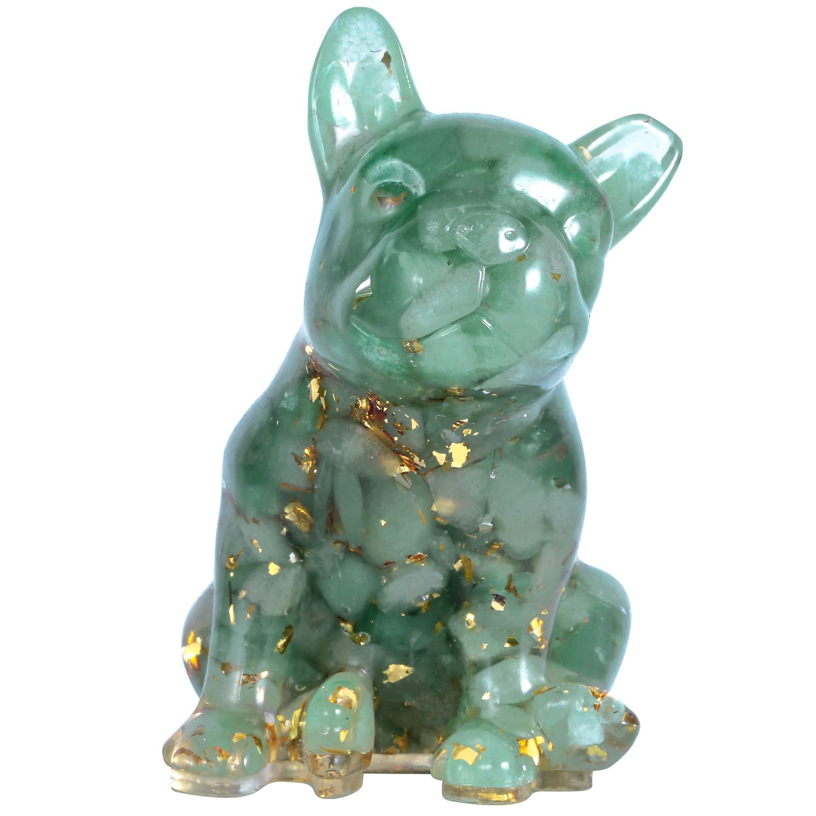 mookaitedecor 3 Inch Green Aventurine Crystal French Bulldog Dog Statue Ornament, Semi Precious Stone Lover Gift, Resin Animal Healing Puppy Art Figurine Lucky Home Office Decor, (UKPOLYMM0028903)