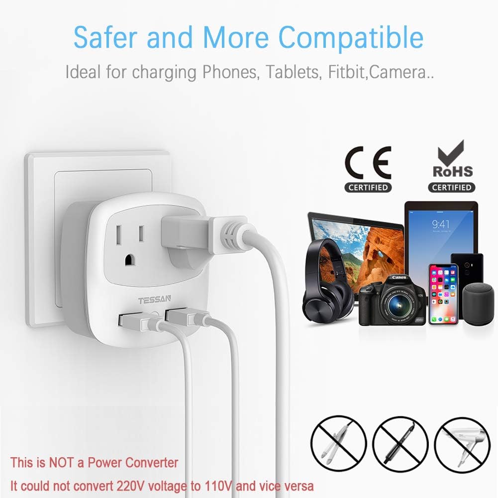 TESSAN 3 to 2 Prong USB Outlet Plug, Japan Power Adapter with 2 Wall Charger Extender Cruise Ship Accessories, Travel Multi Plug Adaptor for US to Japanese - Type A Plug Splitter: Home & Kitchen