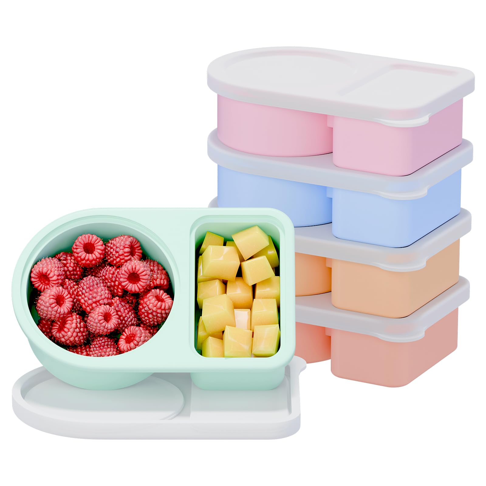 Photo 1 of 5 Pack Silicone Snack Containers, 2 Compartments Reusable Snackle Box with Lids, 8 oz, Rainbow