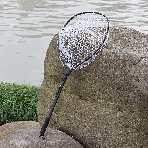 Ultra Lightweight Fish Landing Net,Black Aluminum Alloy Fast Folding Fly Fishing Net Soft Rubber Mesh Catch Release Net - Thumbnail 3