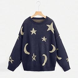 WDIRARA Women's Star Moon Print Long Sleeve Sweater