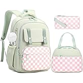 Amythe Girls Backpack with Lunch Box 3Pcs, Waterproof School Bag Set for Teen Elementary Middle School, Multi-Pocket Laptop Bookbag Lightweight, Green