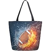 Chic Extra Large Shoulder Grocery Tote Bag, 3d Cool American Football in Fire and Water Canvas Reusable Handle Bags for Men Women Gym Weekender Picnic Beach Travel Home Storage Market Shopping