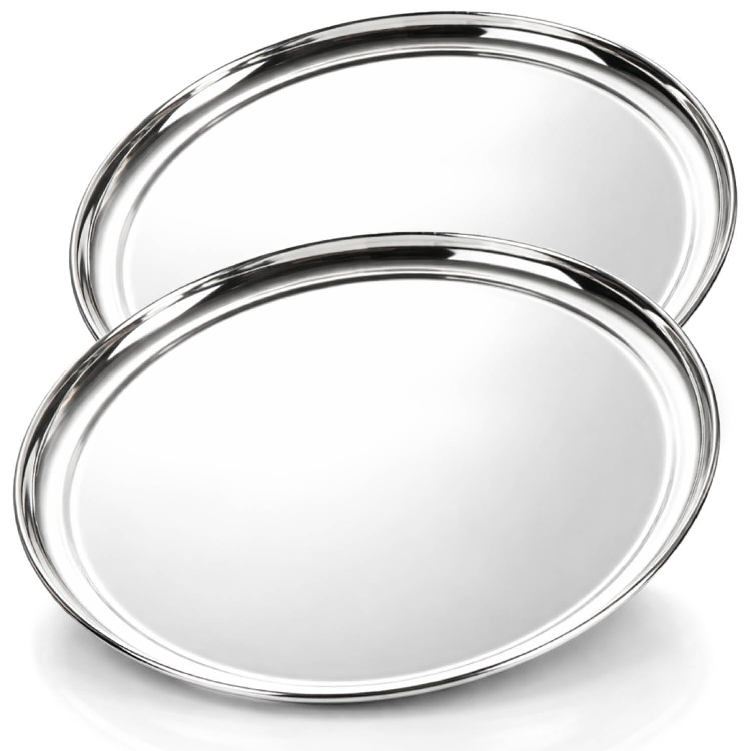 COM-FOUR® 2x stainless steel serving tray - round tray for serving and decorating - shiny serving tray (2 pieces - around 33cm with border)