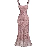 Milumia Women's Floral Mesh Square Neck Bodycon Dress Vintage Sheer Fishtail Long Dresses