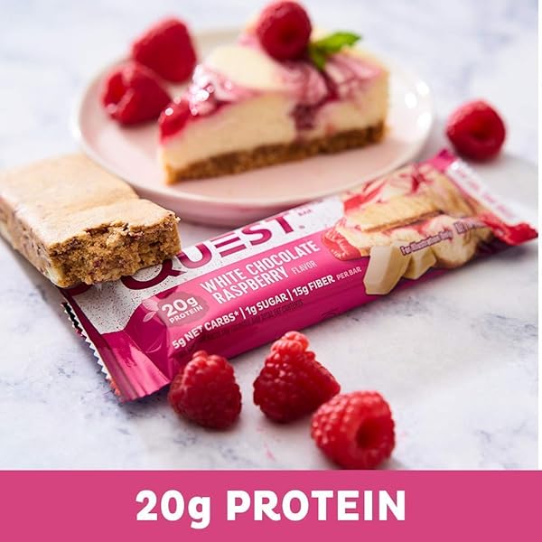 QUEST NUTRITION WHITE CHOCOLATE RASPBERRY PROTEIN BARS, 20G PROTEIN, 1G SUGAR, 5G NET CARB, HIGH FIBER, GLUTEN FREE, KETO FRIENDLY, 12 COUNT
