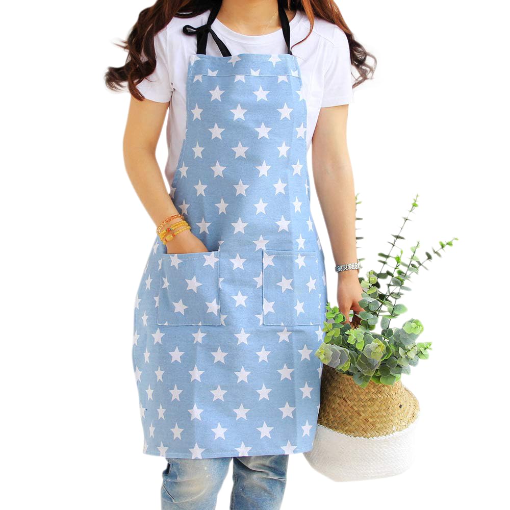 Star Aprons for Women Girls Ladies, Adjustable Cooking Baking Apron Kitchen Bib Apron with 2 Pockets, Cotton Cotton Aprons for Home Kitchen Restaurant Cooking Baking Household Cleaning (Light Blue)