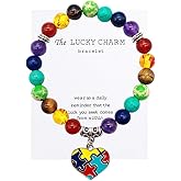 Autism Awareness 7 Chakra Gemstone Natural Stone Beaded Bracelet Love Heart Cross Ribbon Round Puzzle Elastic Cord Autistic Bracelet for Women Men Friend Yoga Meditation Jewelry Gift