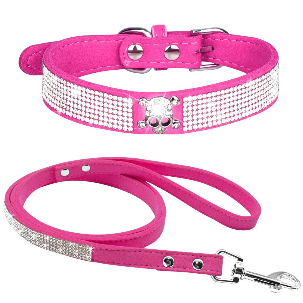 haoyueer Rhinestone Dog Collar, Cute Dazzling Sparkling Soft Suede Leather Dog Cat Rhinestone Collar Leash Crystal Diamond Pet Dog Puppy Collar (XS, Hot Pink-5)