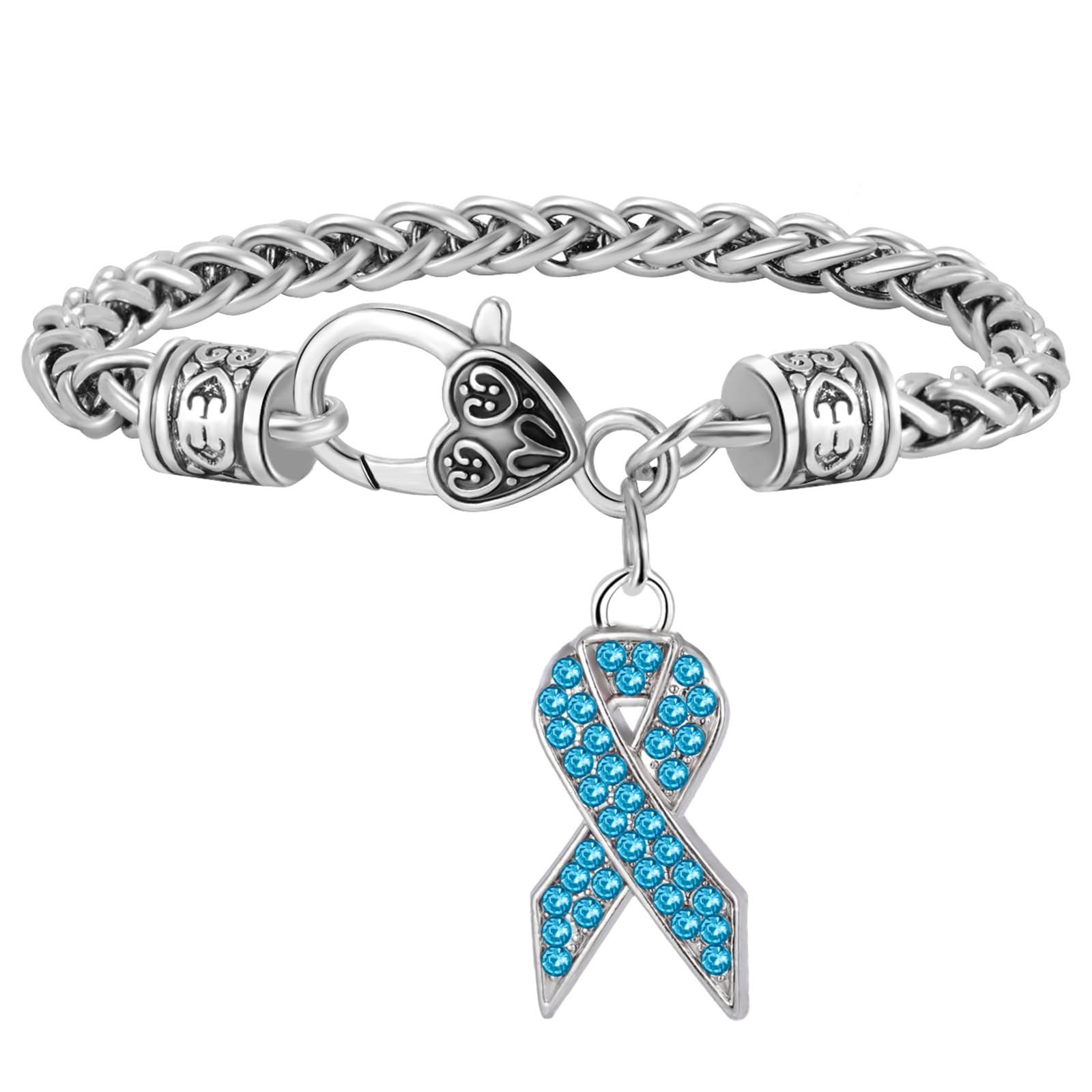 Turquoise Crystal Stone Cancer Awareness Ribbon Charm Lobster Clasp Bracelet for Women, Turquoise, Medium