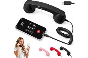 Black Retro Phone Handset Type-C Wired Vintage Receiver with Mic | Built-in Microphone, Volume Control, Coiled Cord, Multiple