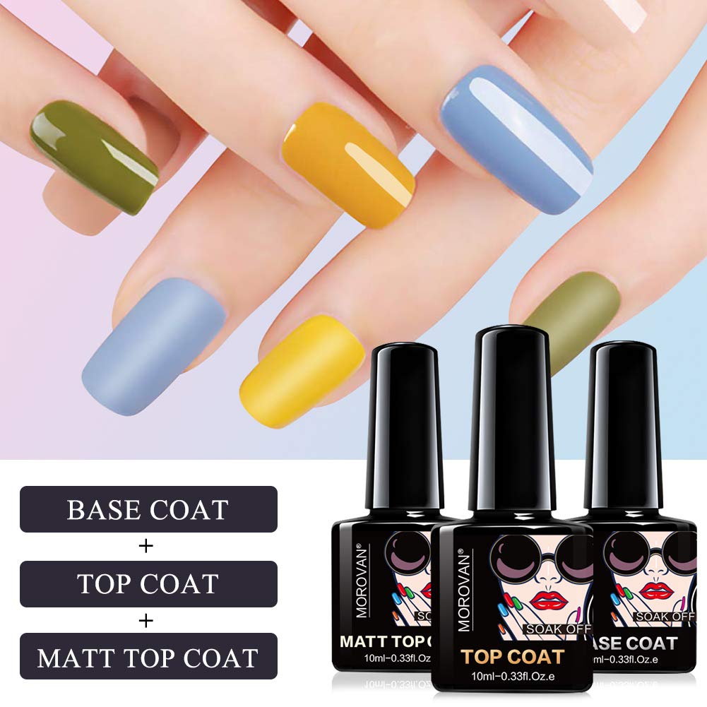 Morovan Gel Nail Polish Top Coat Base Coat Matte Top Coat Set, No Wipe Top Coat Long Lasting, Soak Off UVLED Gel(3PCS, 10ml Each Bottle) : Beauty