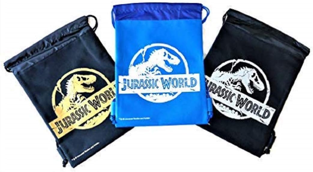 Jurassic World Drawstring Backpack Sling Tote School Sport Gym Bag (3 Pcs Gold Silver Blue)
