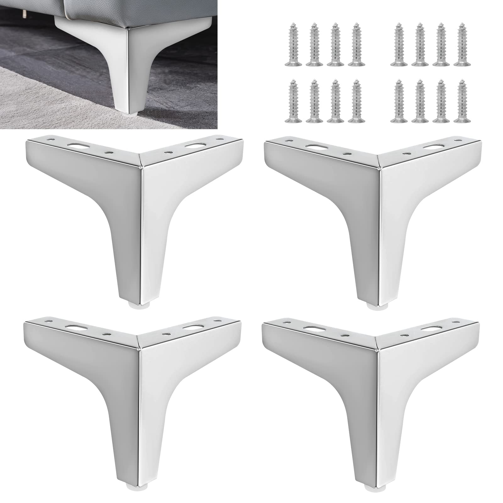 Wkmamo 4 Pcs Metal Furniture Legs,10cm/15 cmHeight Sofa Legs,Modern Metal Triangle Furniture Feet DIY Replacement for Cabinet,Wardrobe,TV Cabinets,Drawers (4 inch（10cm）, Silver)