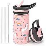 BUZIO Insulated Water Bottle for Kids, Modern Vacuum Insulated Hydro Bottle with 2 Straw Lids, 14oz Double Walled Wide Mouth 