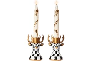WDS WONDROUS Christmas Candle Holders Reindeer Black White Set of 2 – Deer Taper Candle Holders with Gold Antlers & Check Pattern, Holiday Candlestick Holders for Table Centerpiece, Mantel & Gift