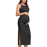 AISWI 2025 Ribbed Summer Maternity Bodycon Dress Sleeveless Halter Neck Ruched Slit Pregnancy Long Dress Baby Shower Casual
