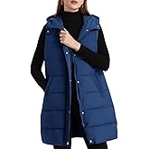Flygo Long Puffer Vest Women Hooded Sleeveless Winter Jacket Button Zip Up Quilted Vest Padded Outerwear