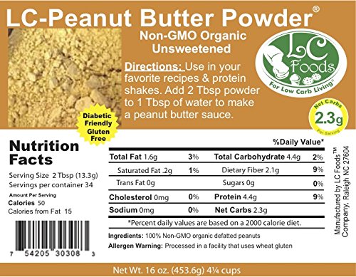 Low Carb Peanut Butter Powder - LC Foods - Organic - Gluten Free - No Sugar - Diabetic Friendly - 16 oz