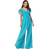 Chiffon Mother of The Bride Jumpsuits for Women Asymmetrical Pant Suits Flutter Sleeve V Neck Formal Evening Outfits