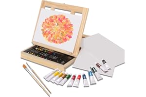 ARTISTIK Mixed Media Art Set - 34 Piece, Easel Painting Kit with Wood Table Desk Top Easel Box Includes Acrylic Paints, 3 Canvas Boards, Pastels, Desktop Art Supplies Gift for Beginner Artists, Kids, Adults