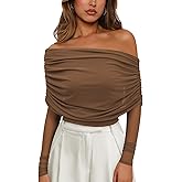 Women's Sexy Mesh Long Sleeve Top for Women Off Shoulder Sheer Ruched Going Out Tops Cocktail Party Outfits