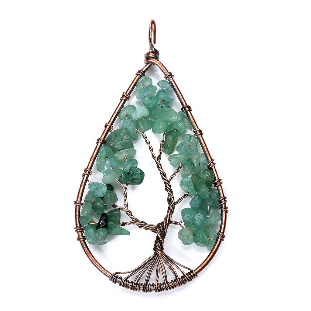 QGEM Bijoux Collier Pendentif Chakra Arbre de Vie en Pierre Naturelle Forme Goutte d\'Eau Porte-bonheur Enérgie Healing(Aventurine vert)