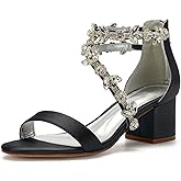 Anna's Bridal Women's Low Block Heel Sandals Chunky Ankle Strap Crystal Wedding Dress Shoes Low Heel Comfortable Pump Sandals