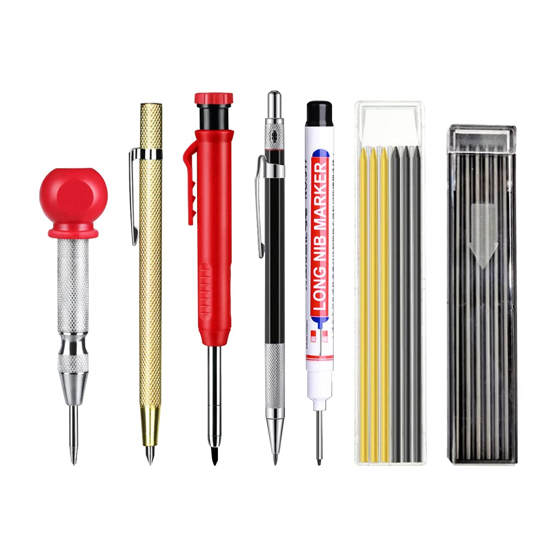 HyzaPhix Mechanical Carpenter Pencils Set with Center Hole Punch, Carbide Tip Scriber, Solid Carpenter Pencil, Deep Hole Marker Pens, Woodworking Construction Pencil, 2 Box Refills for Architect