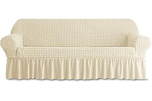 BLUESURGE Sofa Slipcover 1 Piece for 3 Cushion Couch Cover with Skirt, Durable Washable High Elastic Stretchable, Easy Fit Universal Furniture Protector (3 Seater, Beige)