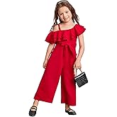 WDIRARA Toddler Girl's Ruffle Trim Asymmetrical Neck Belted High Waist Wide Leg Jumpsuit