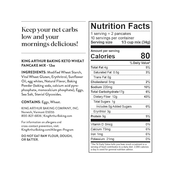 KING ARTHUR KETO WHEAT PANCAKE MIX: LOW CARB, HIGH PROTEIN BREAKFAST SOLUTION – JUST ADD WATER FOR FLUFFY PANCAKES OR WAFFLES – NON-GMO, KOSHER CERTIFIED, 12 OZ POUCH