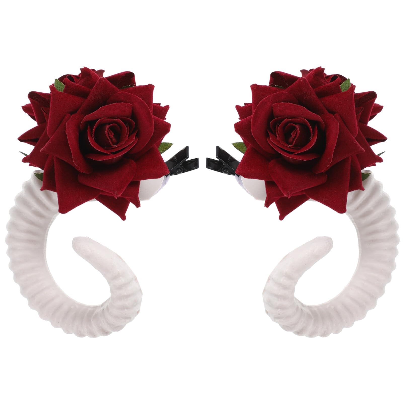 Lurrose Hair Clips 2pcs Sheep Horns Hair Clip with Rose Flowers,Halloween Hairpin Artificial Sheep Horns Barrettes for Cosplay Party Hair Clip