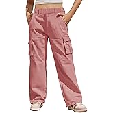 Haloumoning Girls Cargo Pants Casual Baggy Wide Leg Elastic Waist Jogger Trousers with Pockets 5-14 Years