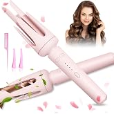 ZQZMZGS Auto Hair Curler for Beginners, 3 Temperature Settings 160-200&deg;C Automatic Curling Iron, Anti-Scald Anti-Tangle Rotating Hair Waver for Fine Hair Long Lasting Beach Waves, Pink