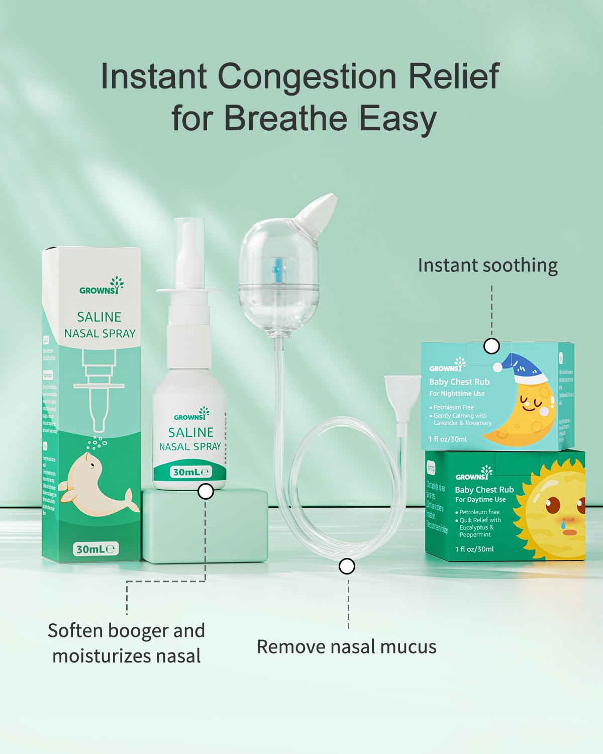 GROWNSY Baby Sick Day Care Kit, Saline Nasal Spray, Nasal Aspirator for Baby, 2 PCS Day & Night Chest Rubs, Baby Medicine Dispenser and Fever Patch for Kids