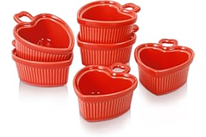 Vidalenta Ramekins 8 oz, Heart-shaped Baking Dishes Dipping Sauce Cups Ramekins Bowls for Creme Brulee, Lava Cakes, Pudding, Flan, Desserts, Microwave & Oven Safe, Set of 6 (Red)